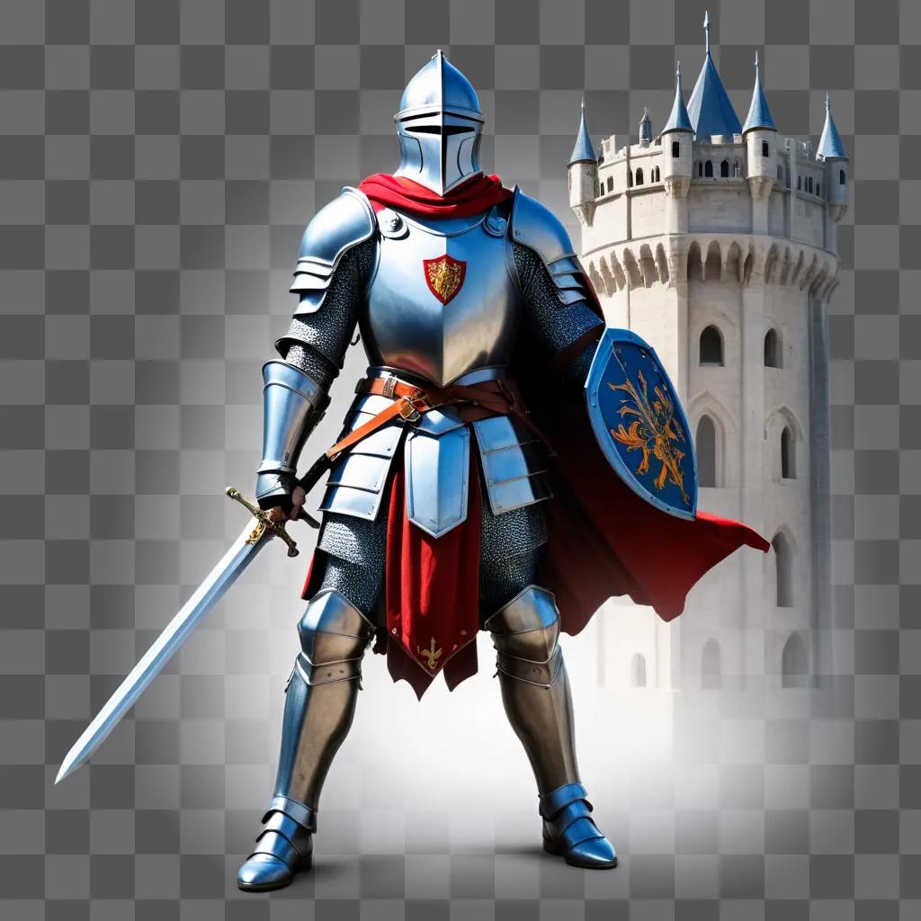 knight stands with a sword in his hand in front of a castle