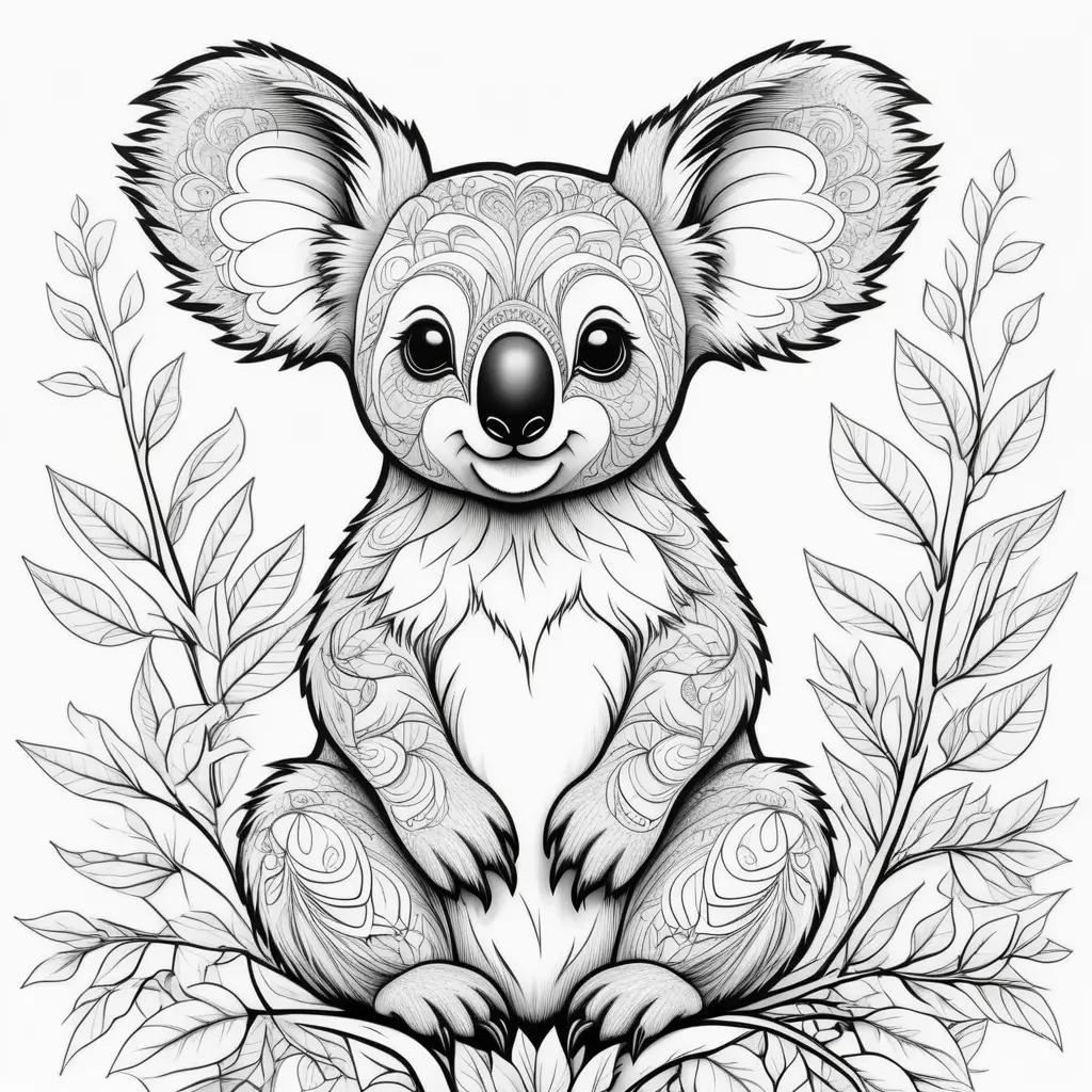 koala bear color page features a black and white design