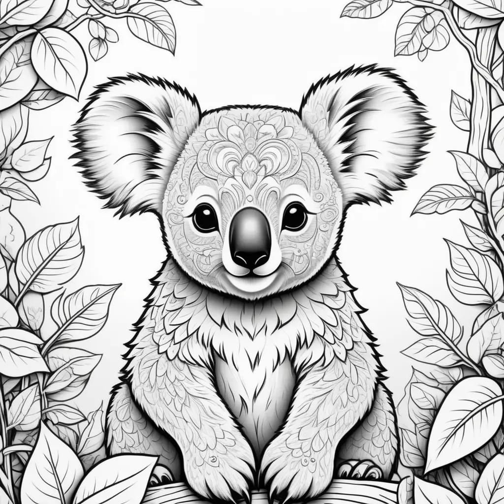 koala bear color page featuring a black and white drawing