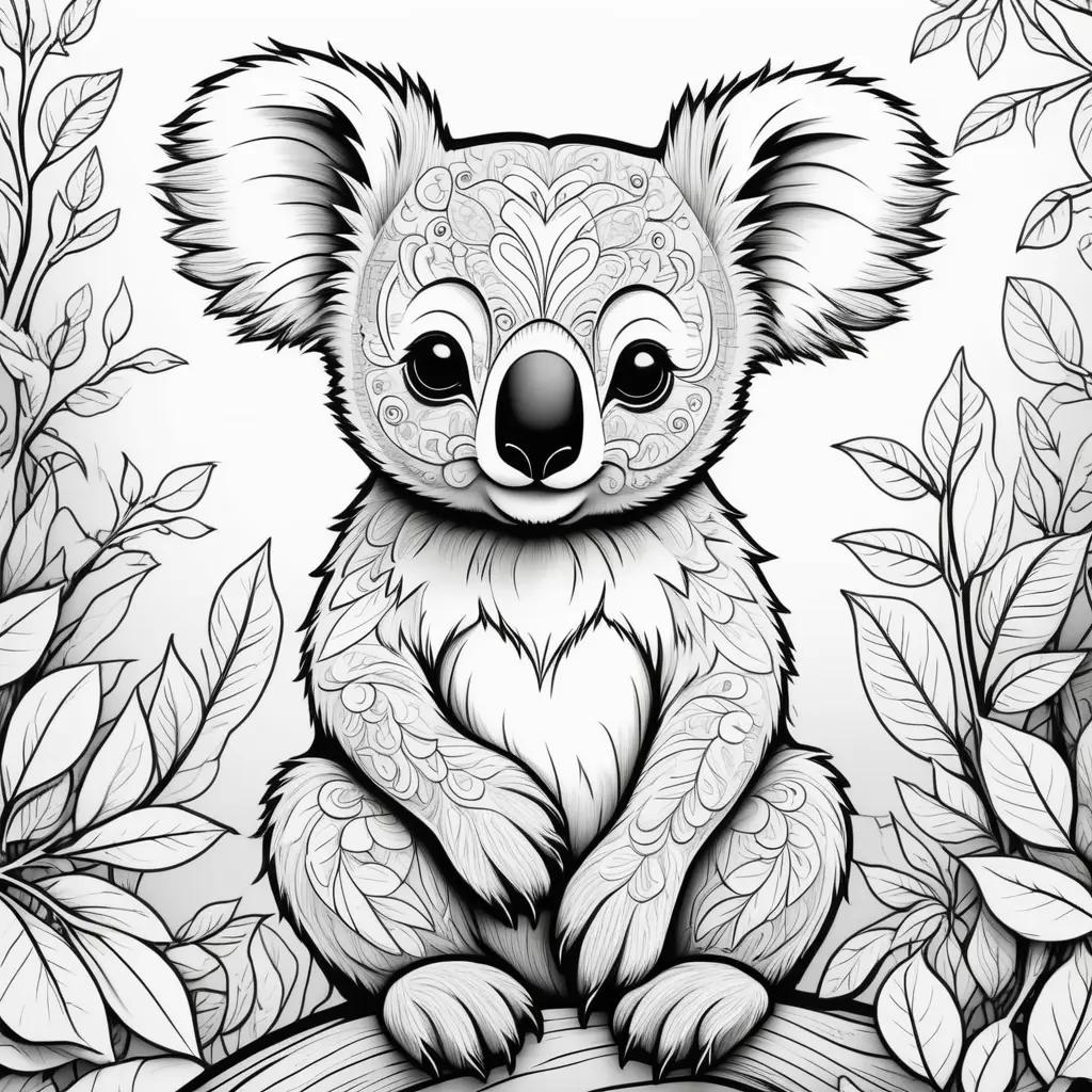 複雑な模様の白黒コアラが描かれたコアラのカラーページ