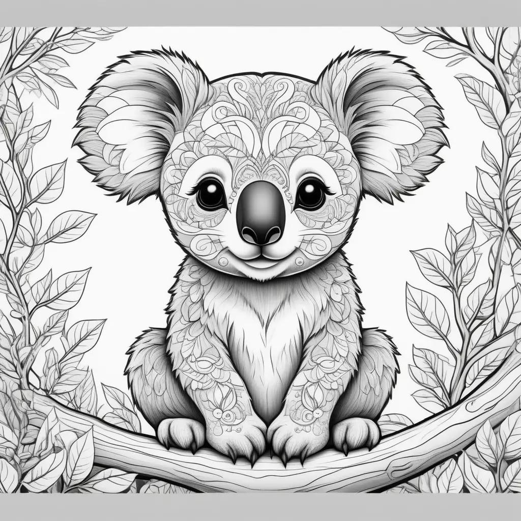 koala bear coloring page with a tree and leaves