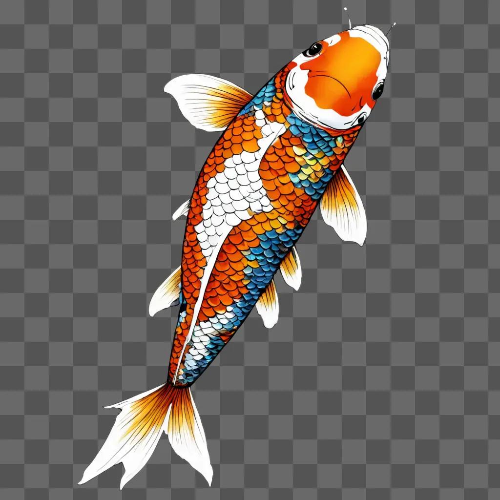 koi fish drawing A colorful fish with white fins is shown