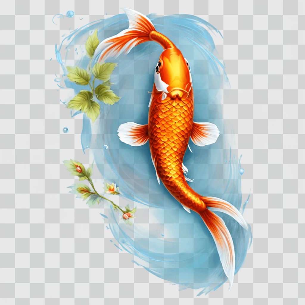 koi fish drawing A fish swimming in water with flowers and bubbles