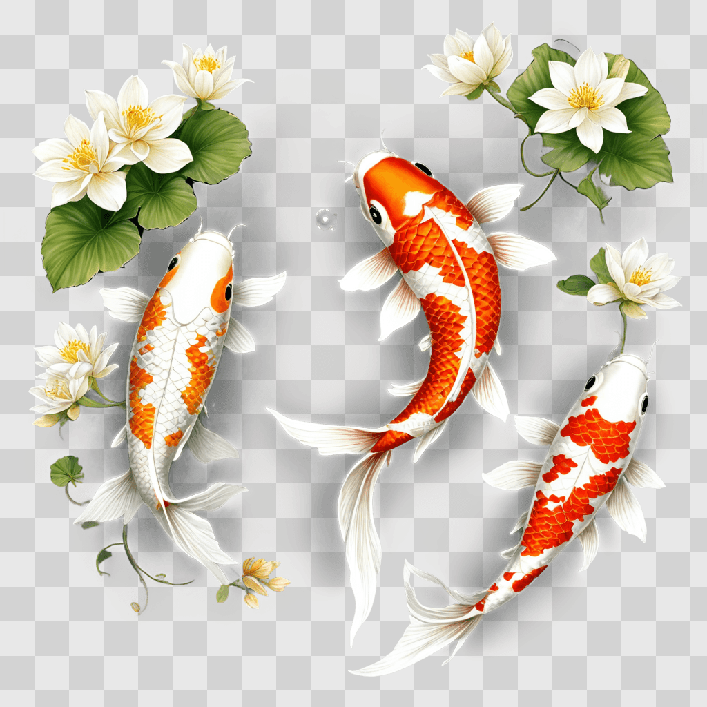 koi fish drawing A trio of koi fish in a floral setting