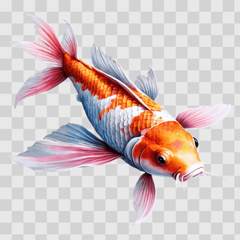 koi fish drawing An orange and white fish with pink fins and tail