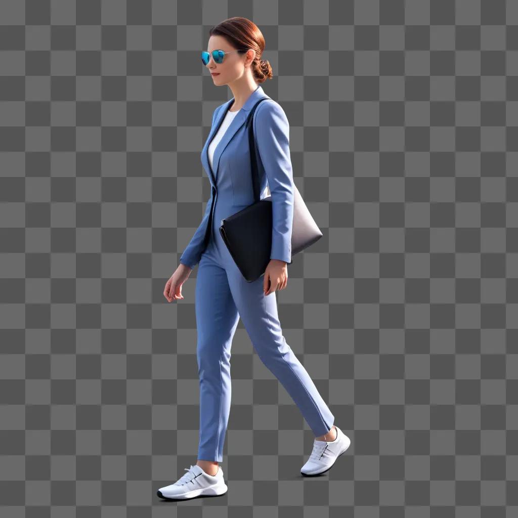 lady with a blue suit and sunglasses walks away