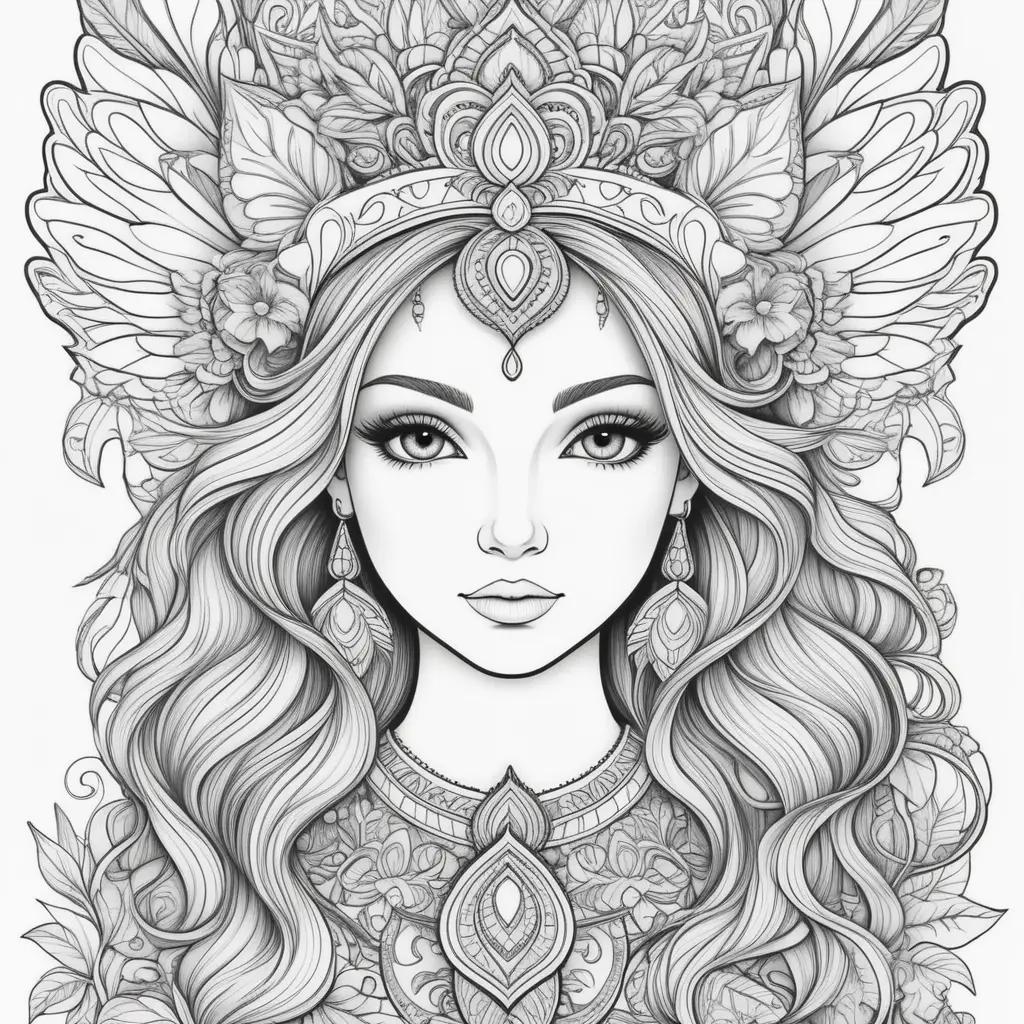 lady with a floral headpiece and earrings in a spirit coloring page