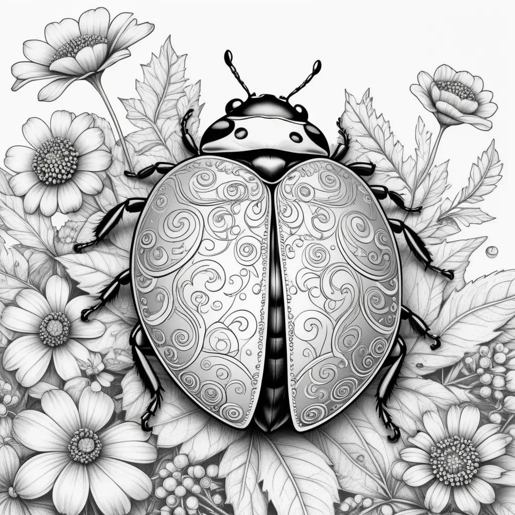 ladybug sits among flowers on a black and white drawing