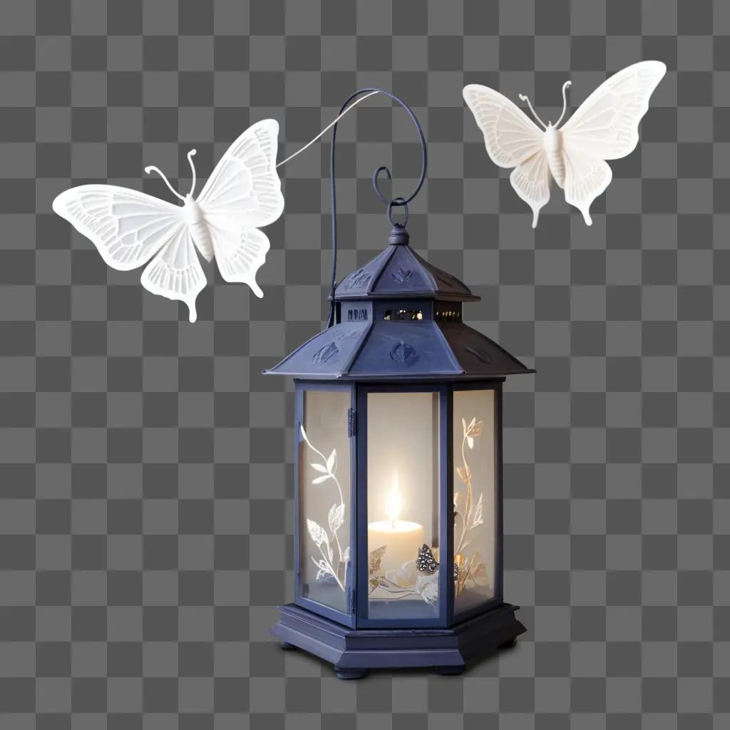 lantern with a lit candle and two white moth-shaped candles