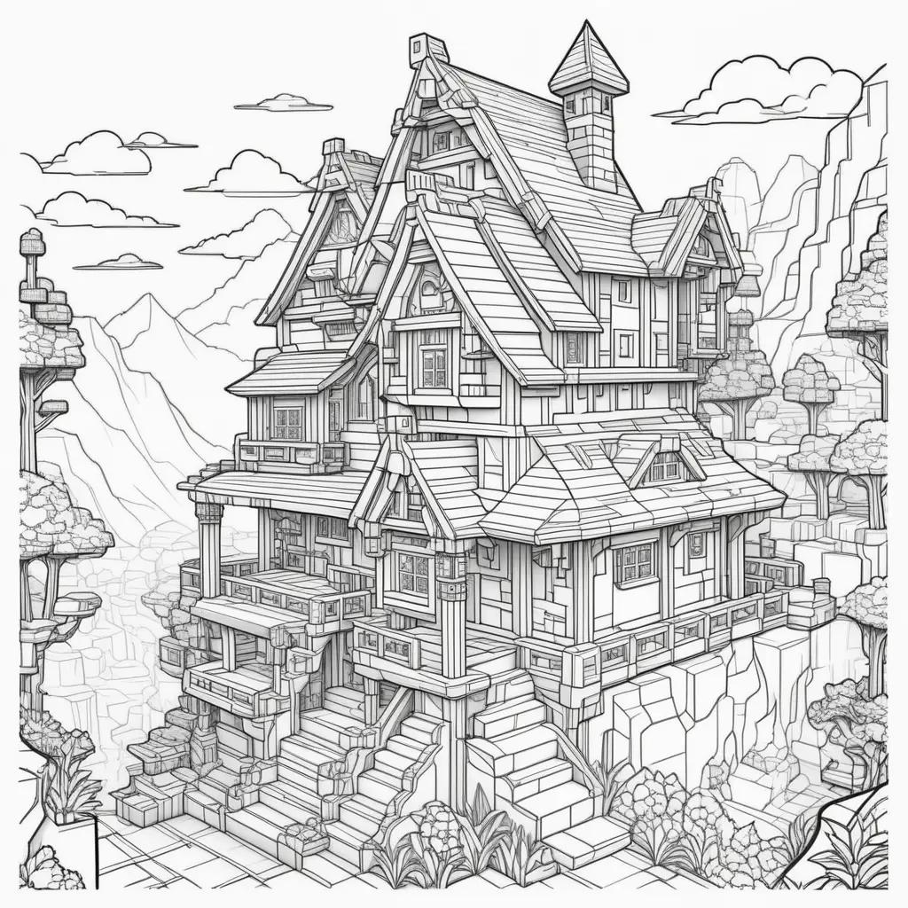 large, detailed, black and white drawing of a house in a forest