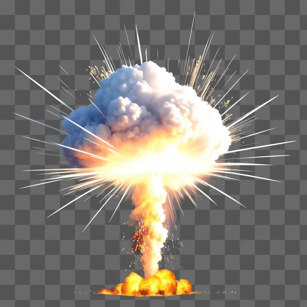 large, explosive cloud erupts above a pile of rubble