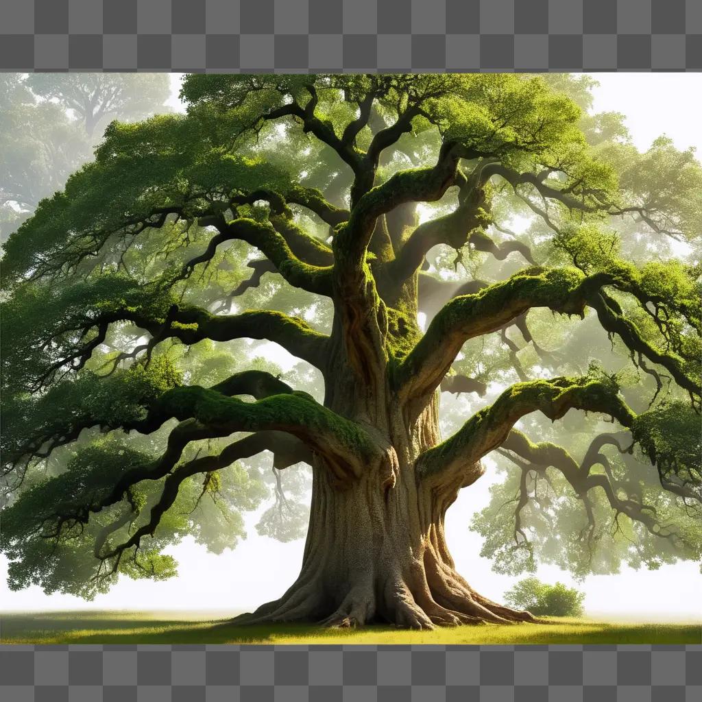 large, mossy tree with a cloudy sky in the background