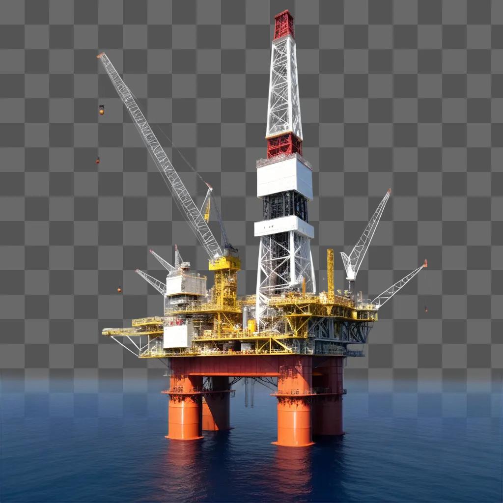 海に浮かぶオレンジ色の大型石油掘削装置