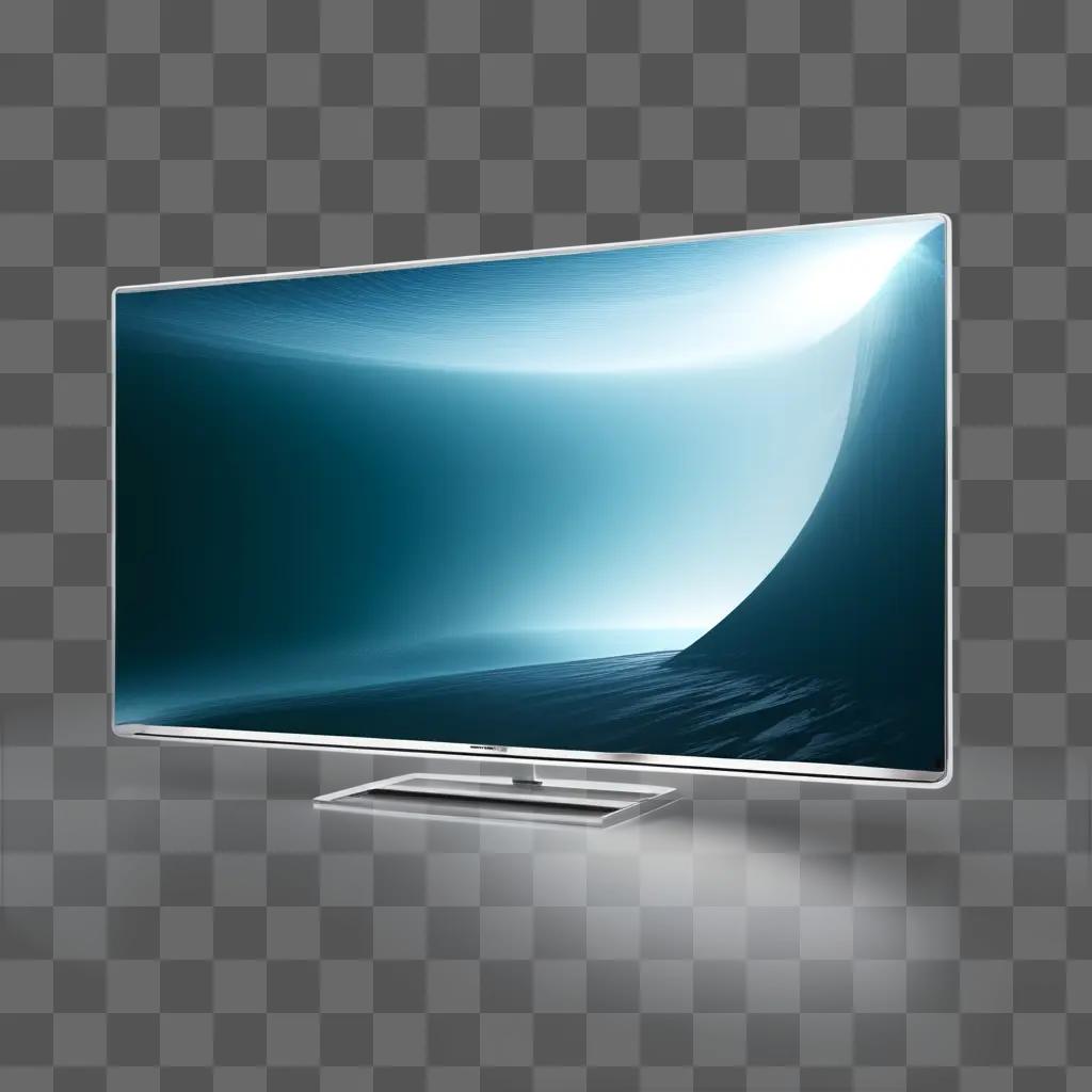 large, transparent TV screen sits on a blue background