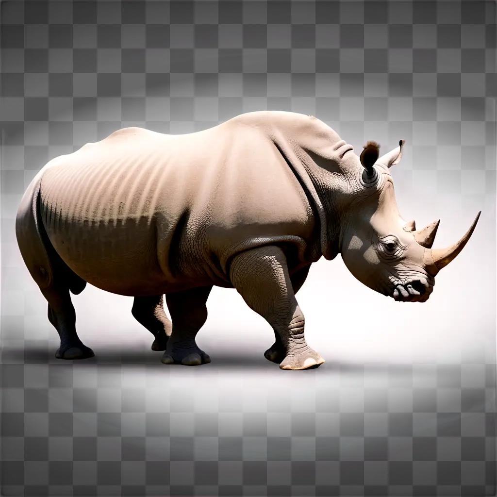 large, white rhinoceros with long horns stands alone