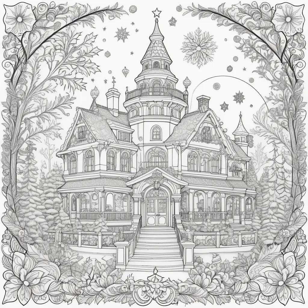 large Christmas coloring page featuring a grand castle