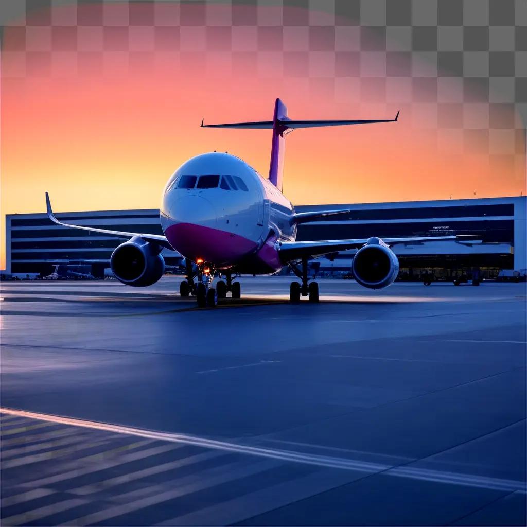 large airplane on the runway at sunset