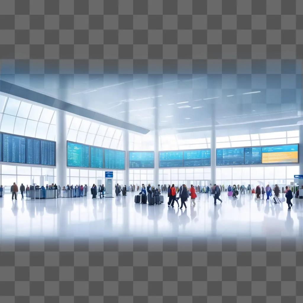 large airport with many people and a blue sky