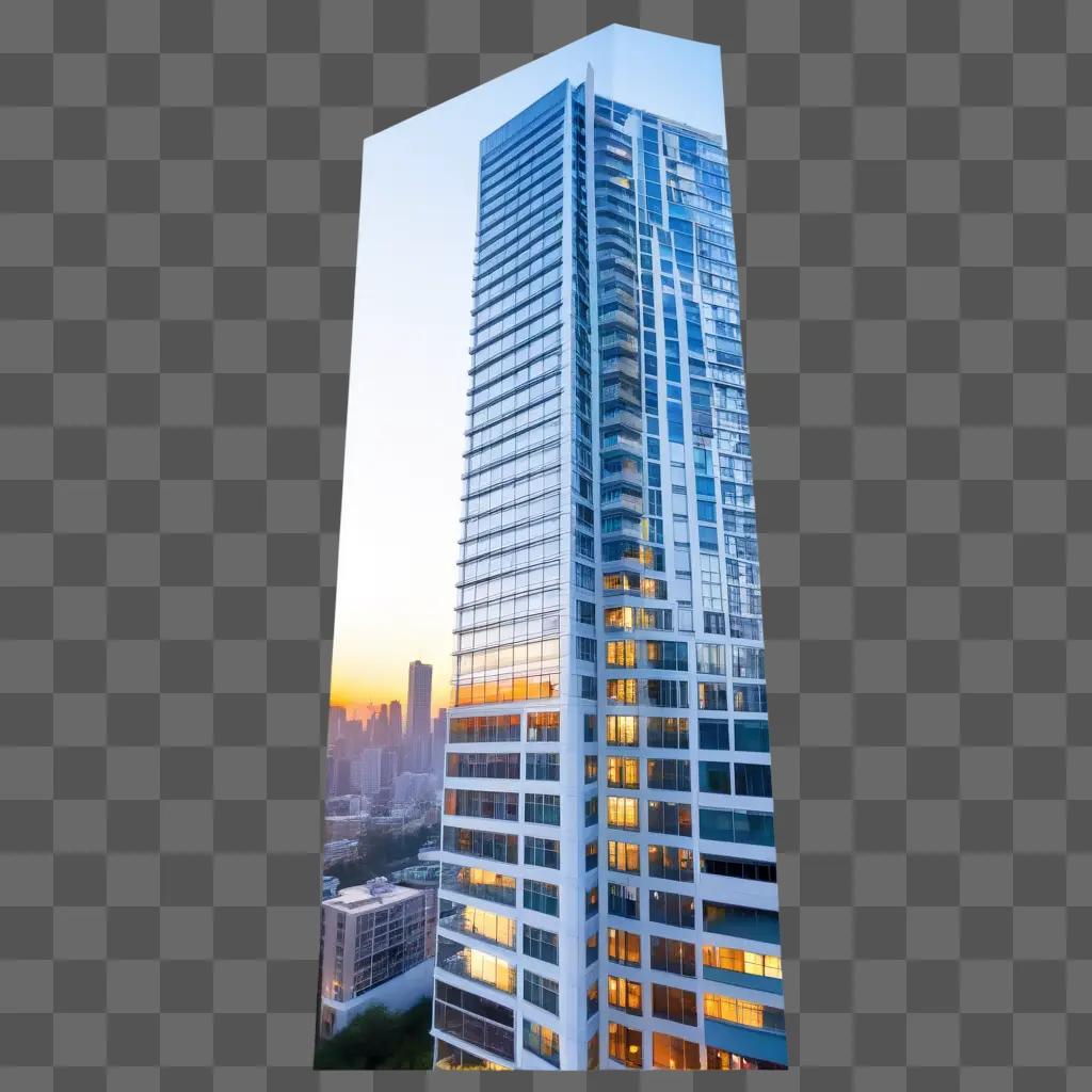 large apartment building with windows and a city skyline in the background