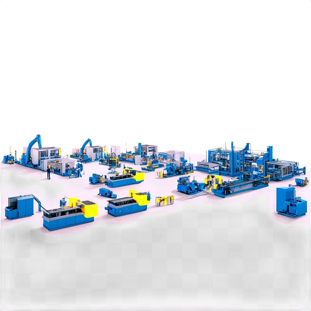 large assembly line with various machines and workers