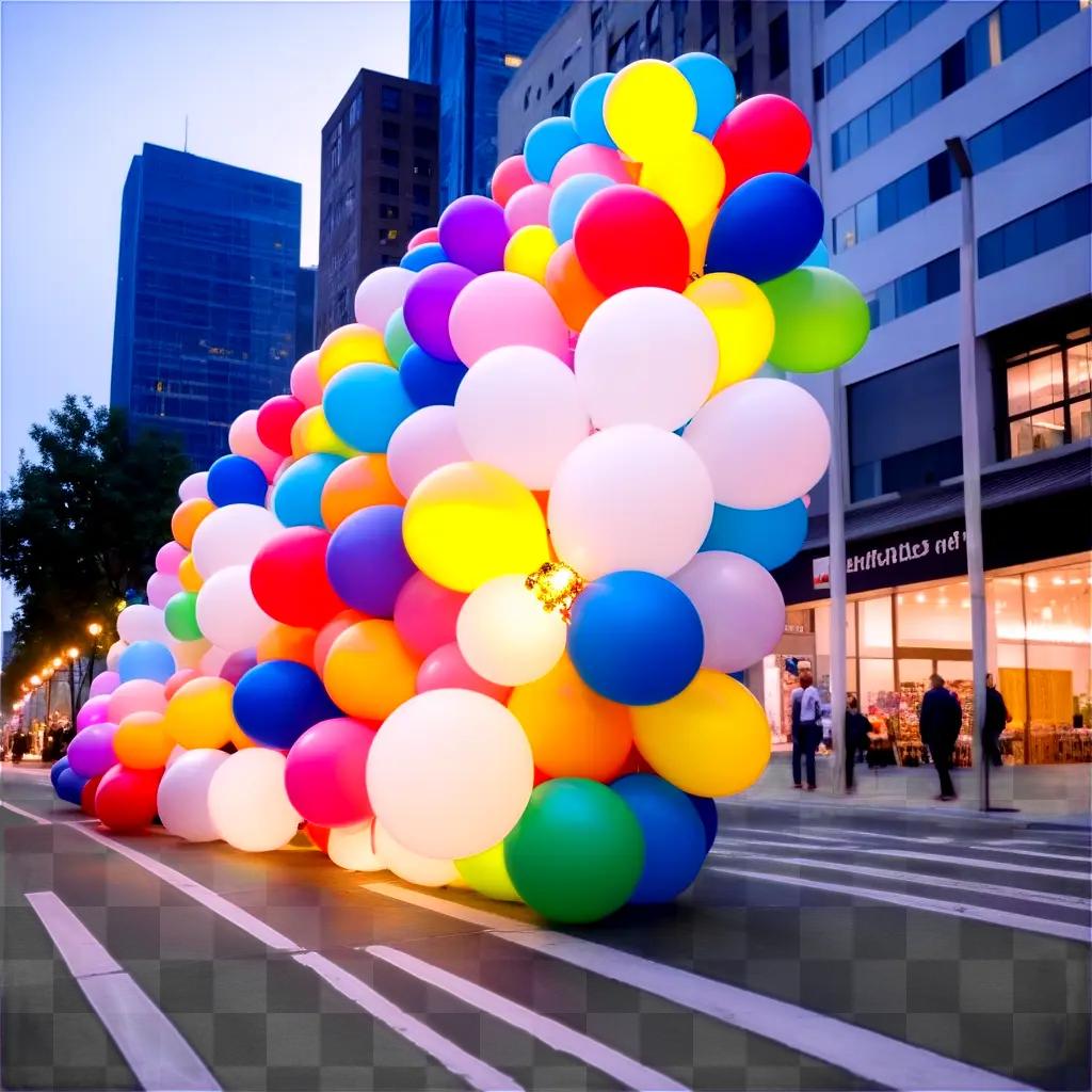 large balloon garland on a city street