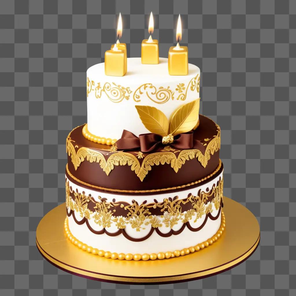 large beautiful chocolate cake with golden decorations