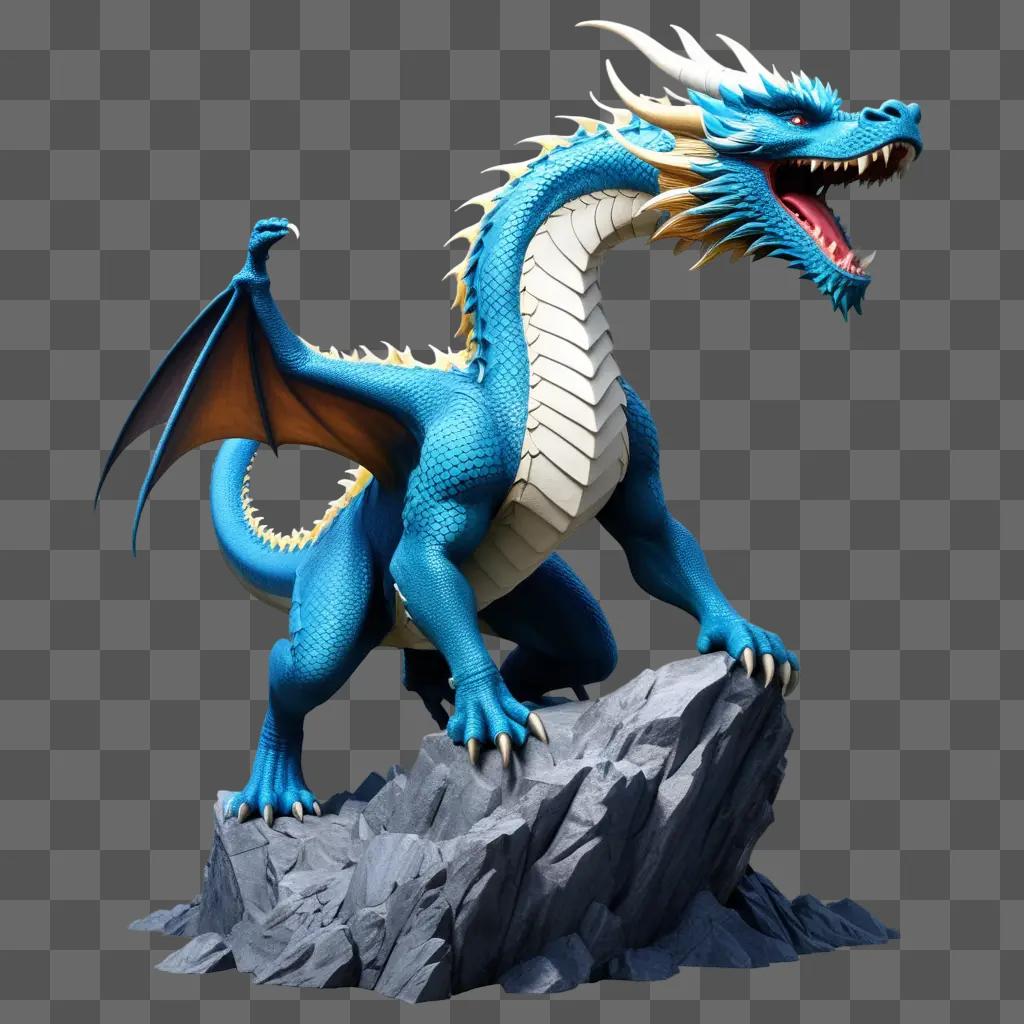 large blue dragon sculpture with a white and yellow head