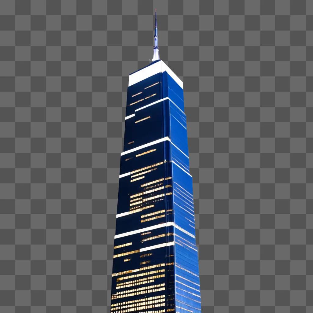 large blue skyscraper stands in the dark sky