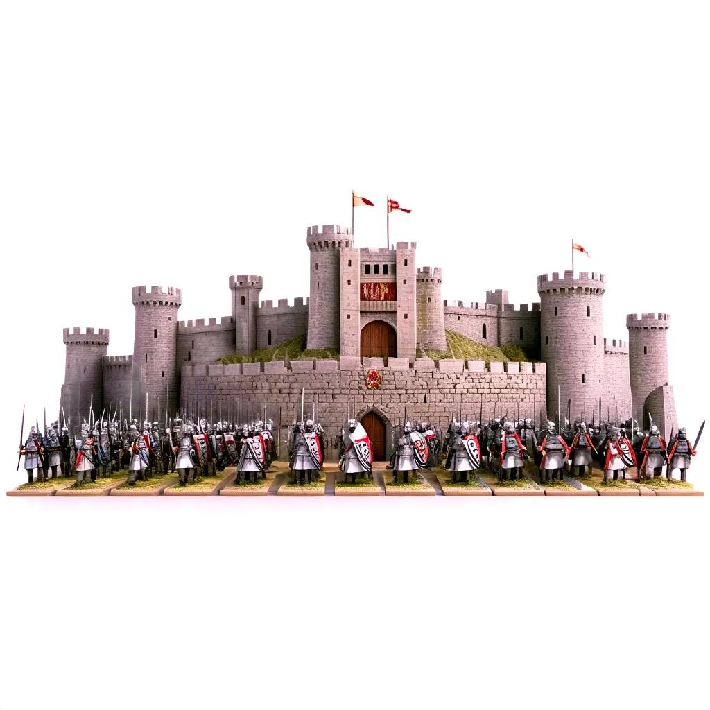 large castle with knights in armor and flags on a white background