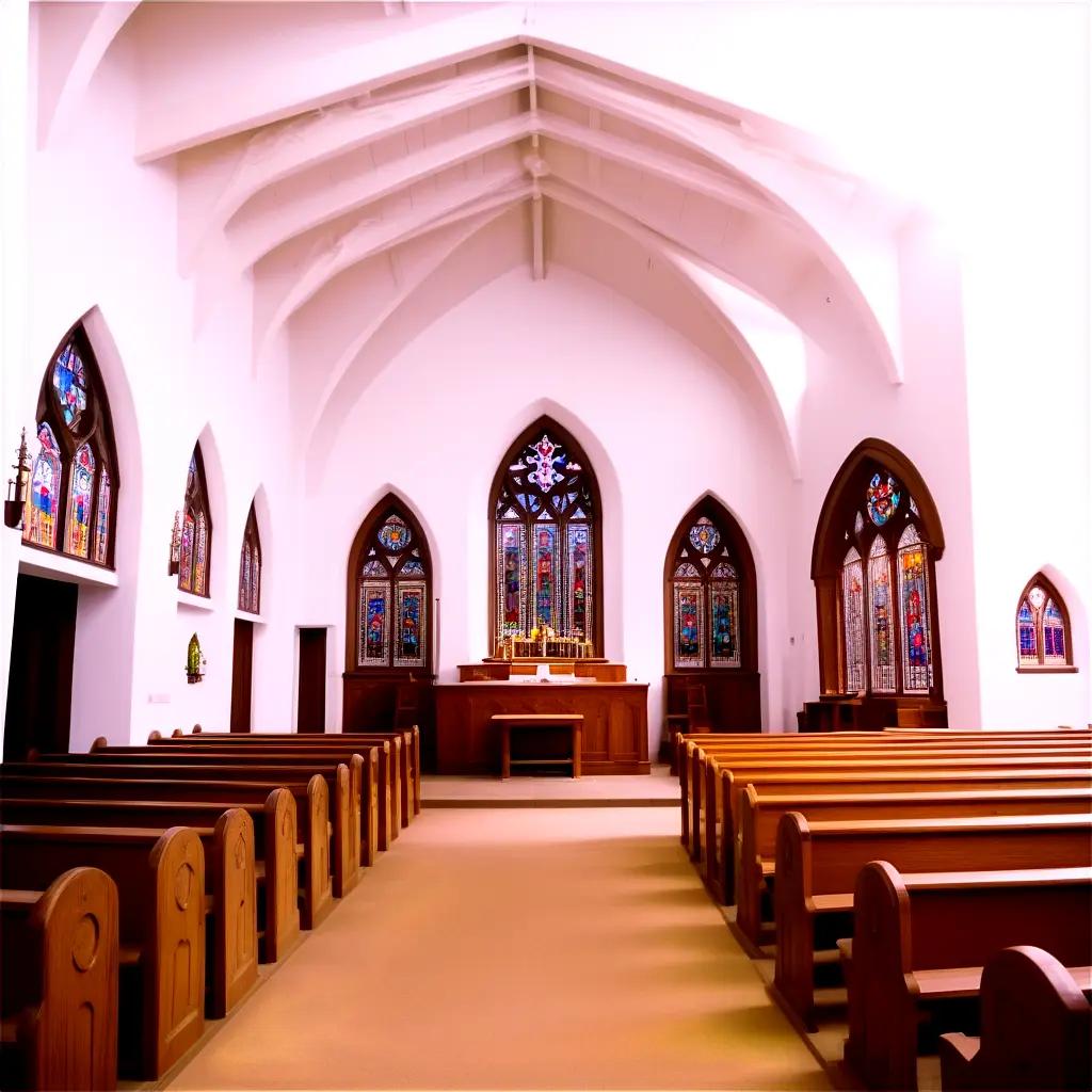 large church with stained glass windows and pews