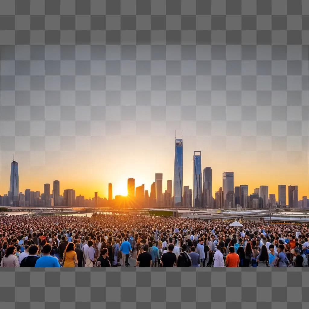 large crowd gathers in a city at sunset