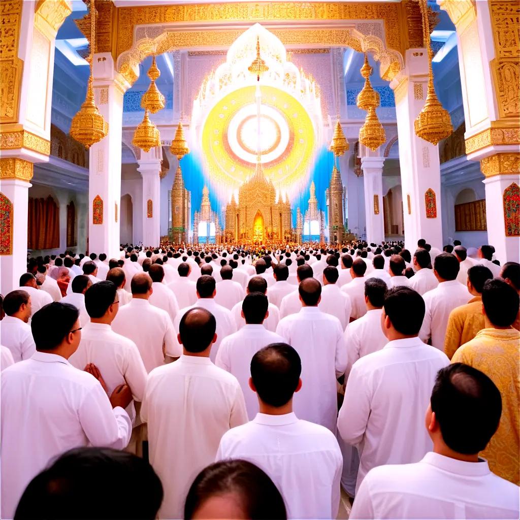 large crowd of people praying in a temple