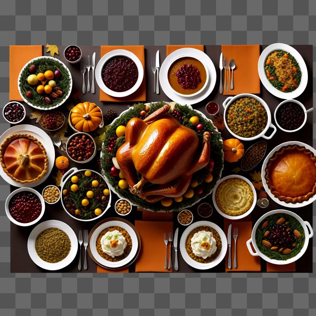 large feast of Thanksgiving dishes is laid out on a table