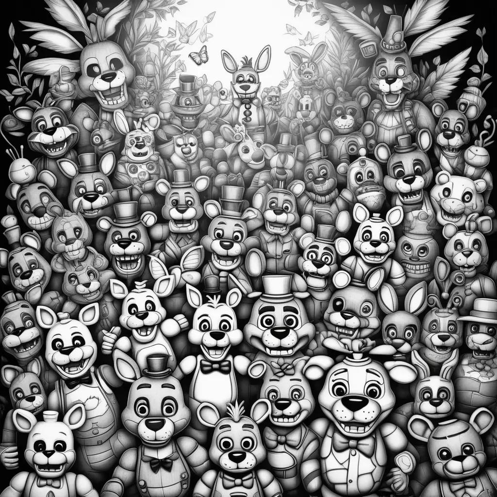 large group of animated characters from the FNaF series