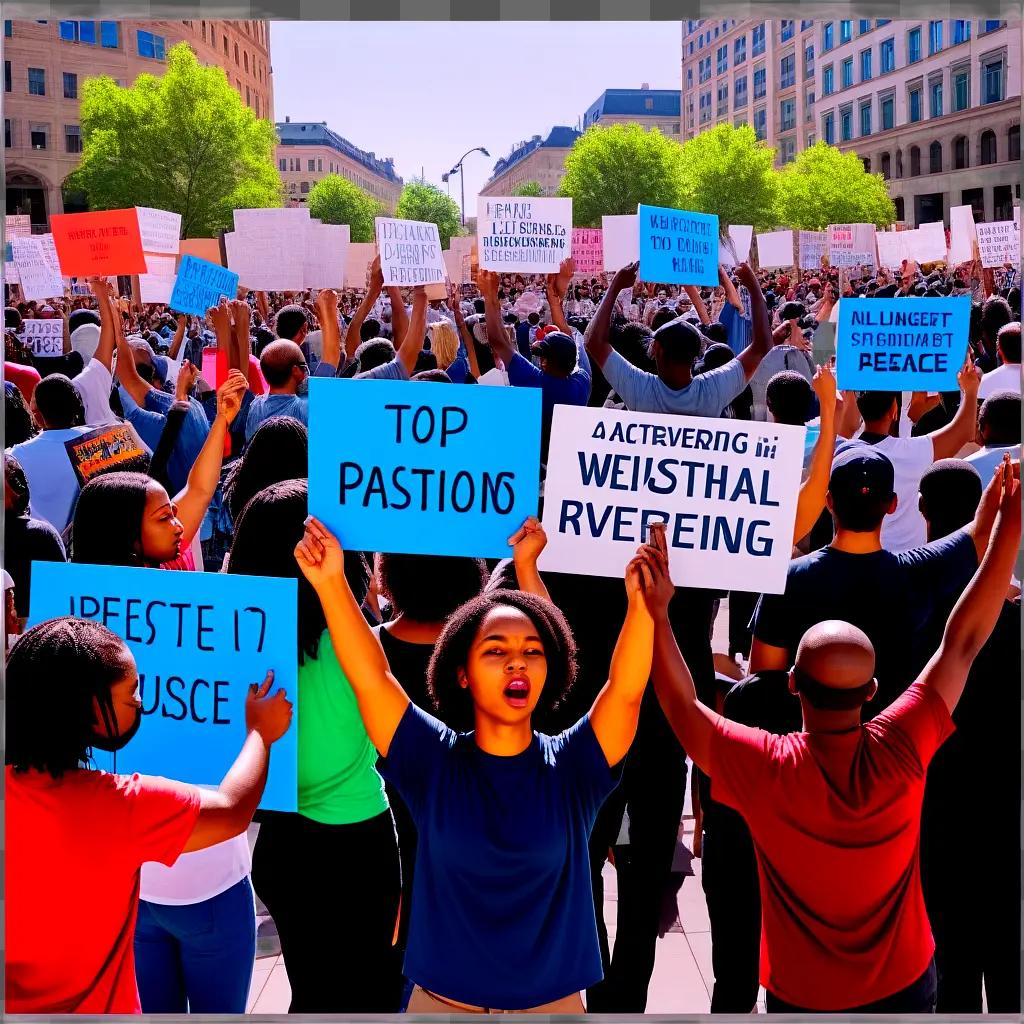 large group of protesters are holding signs