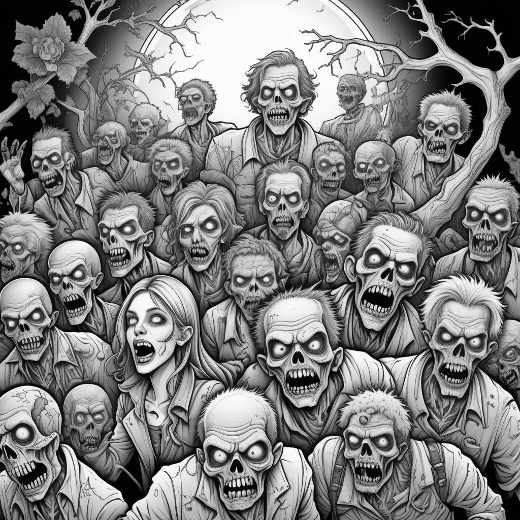 large group of zombies with varying colors on a black and white background