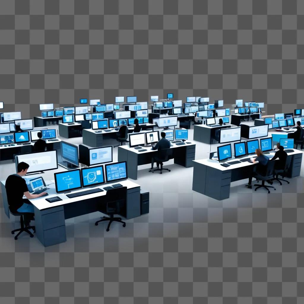 large office with many computer screens and people