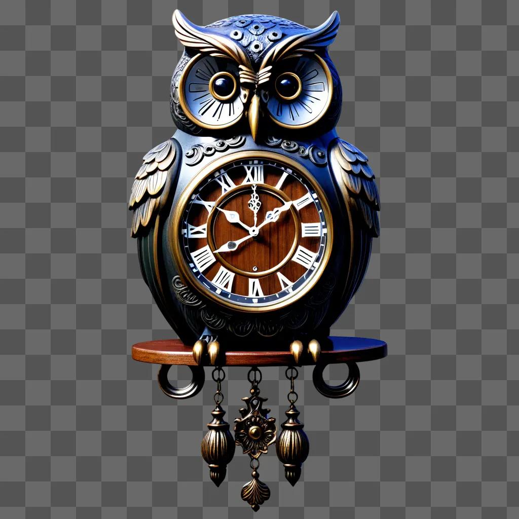 large owl clock sits on a dark wall