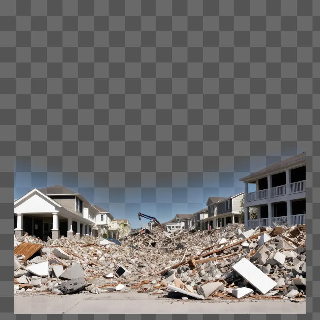 large pile of rubble near houses