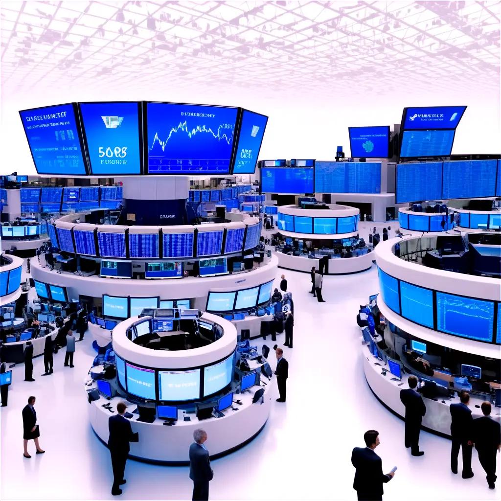 large room with a monitor displaying a stock market chart