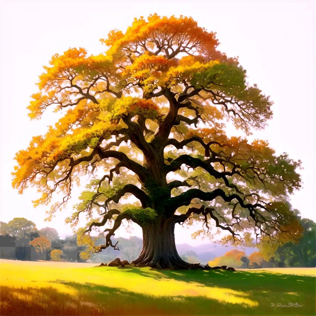 large tree stands on a sunny field