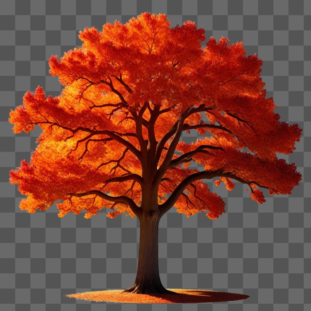 large tree with red leaves in front of a orange background