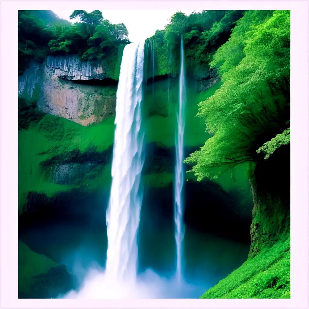 large waterfall in a lush green setting