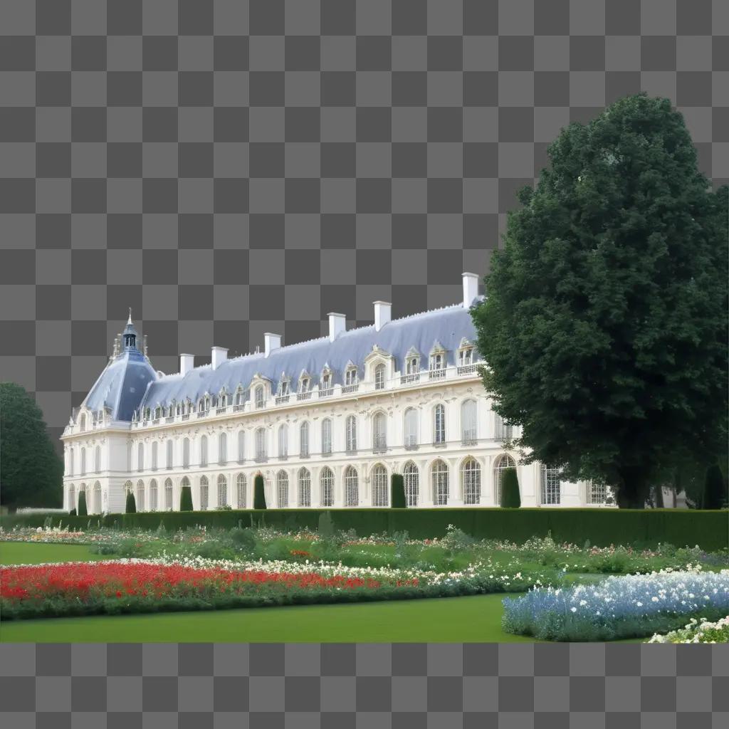 large white building with a blue roof