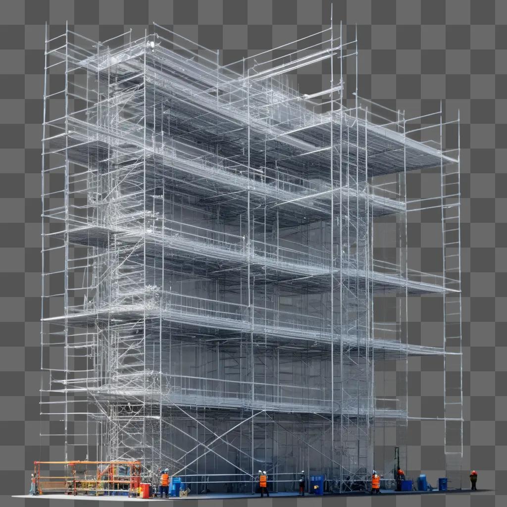 large white scaffolding building with people around