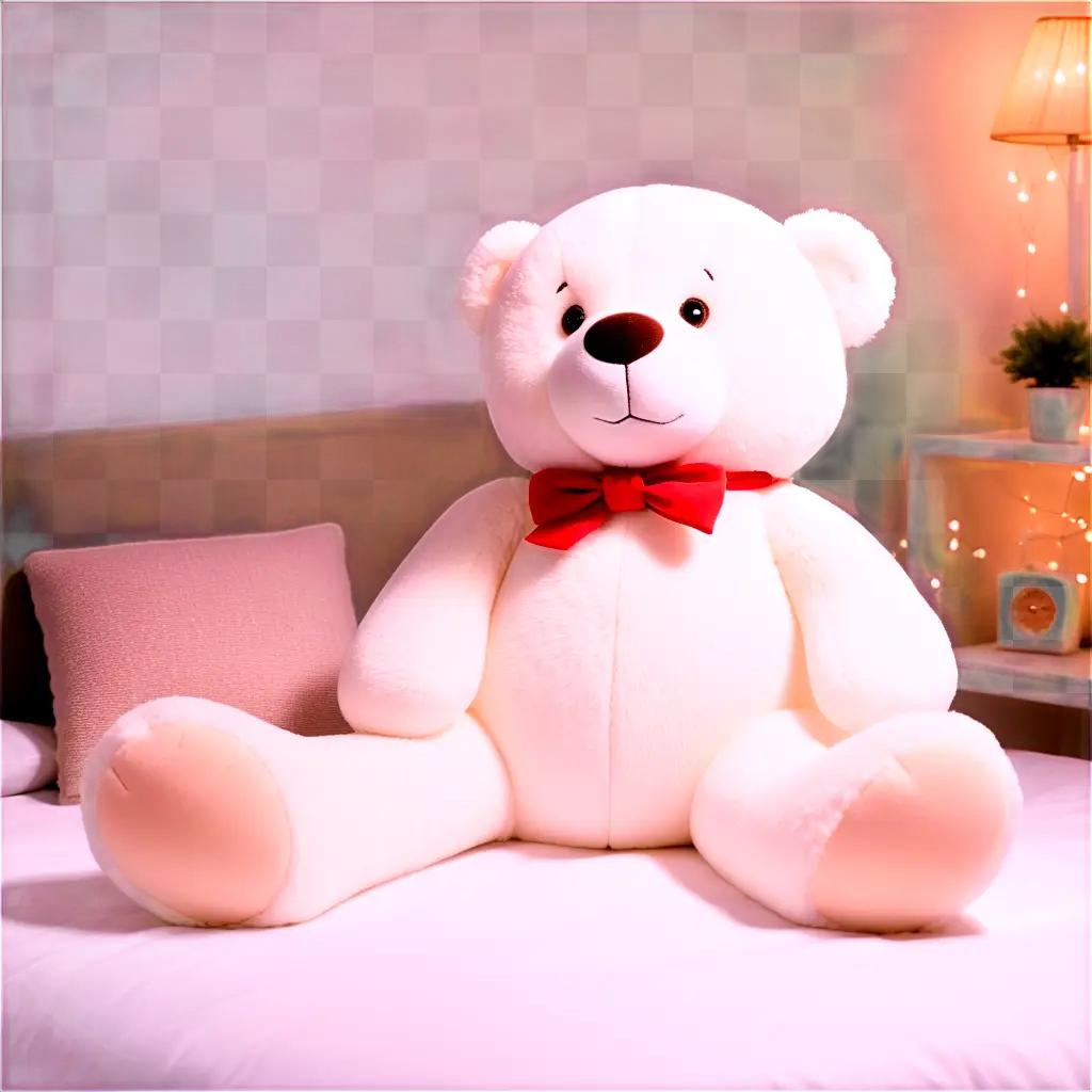 large white stuffed bear sits on the bed