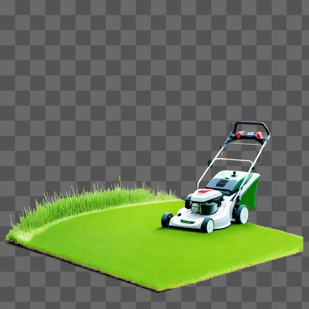 lawn mower is cutting grass on a green lawn