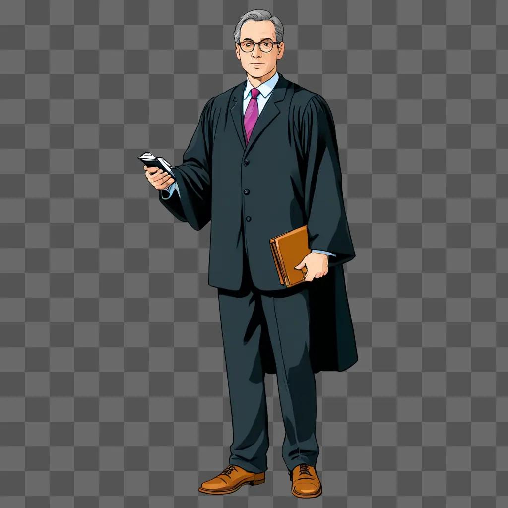 lawyer man cartoon Lawman in suit holding cellphone and book