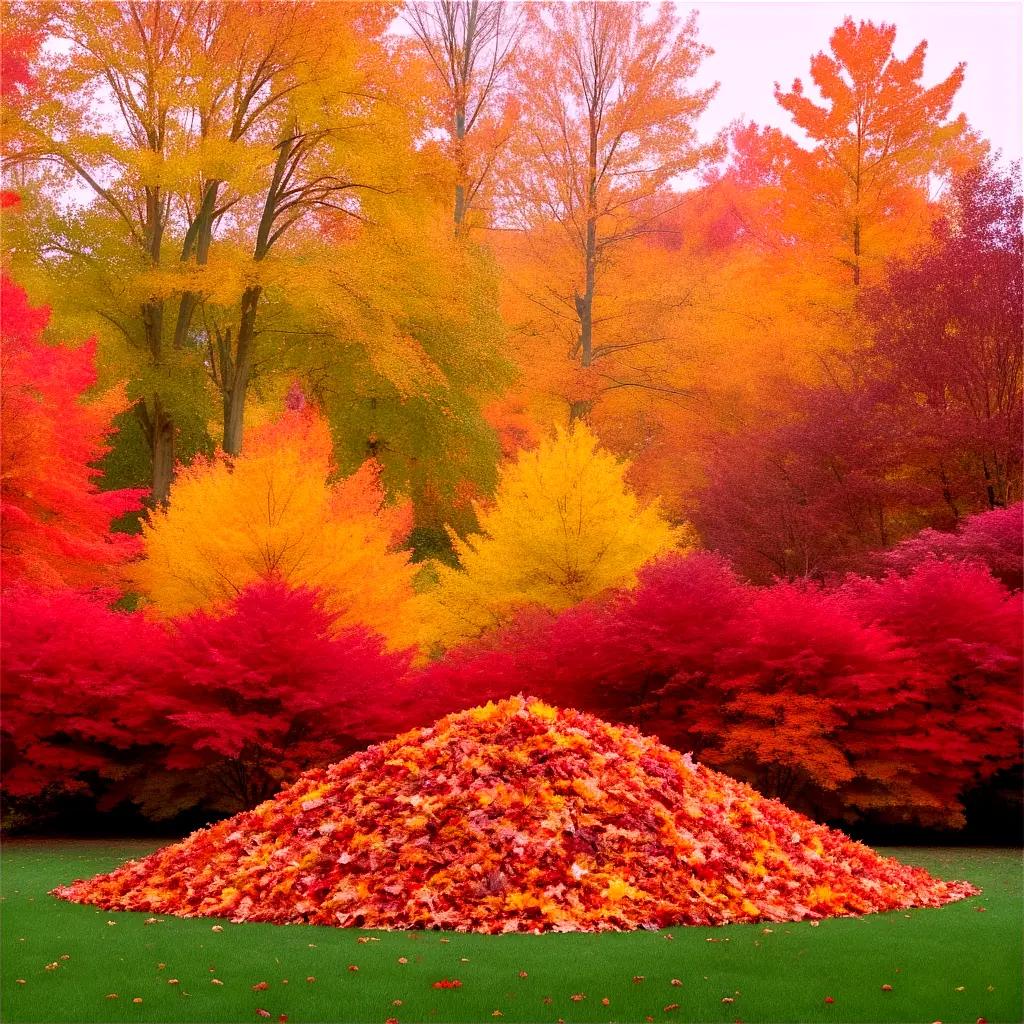 leaf pile in a park with colorful trees