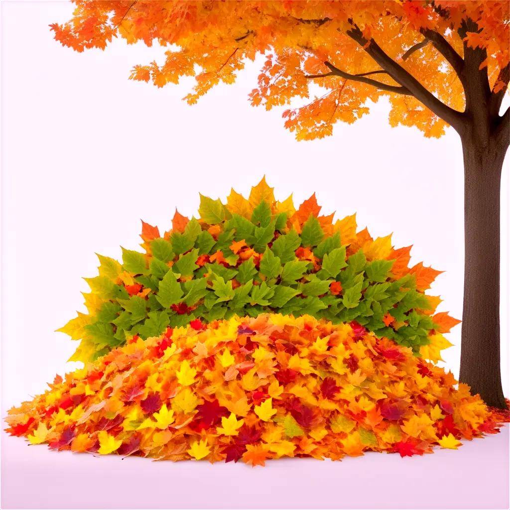 leaf pile next to a tree with orange leaves